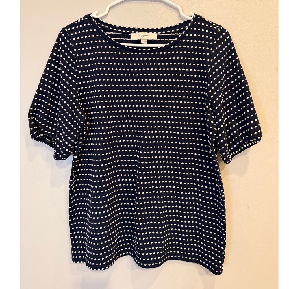 LOFT Navy Blue White Polka Dot Striped Knit Top Short Sleeve Puff Sleeve Size M